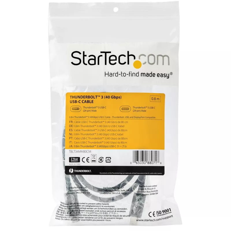 StarTech.com 0,8 m Thunderbolt 3 - Thunderbolt 3 -kaapeli – 40 Gbit/s