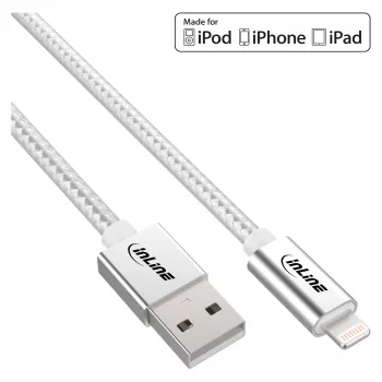 InLine Lightning USB-kaapeli, iPad, iPhone, iPod, hopea/alumiini 2m MFi-sertifioitu