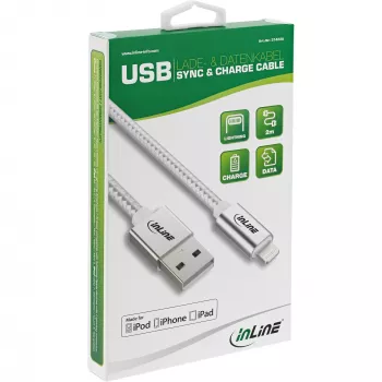 InLine Lightning USB-kaapeli, iPad, iPhone, iPod, hopea/alumiini 2m MFi-sertifioitu
