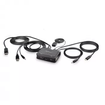 StarTech.com 2-porttinen hybridi USB-C DisplayPort -kaapeli KVM-kytkin, 4K 60Hz, kompakti KVM-kytkin integroiduilla 1,8 m USB-A/DisplayPort/audio ja 1,2 m USB-C isäntäkaapeleilla, väylävirralla - kaukosäädinpainike/pikanäppäin-vaihto