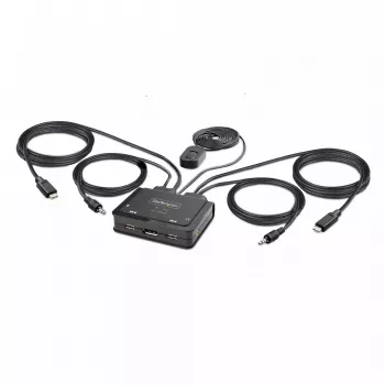 StarTech.com 2-porttinen USB-C kaapeli KVM-kytkin, 4K 60Hz DisplayPort-lähtö, kompakti KVM integroiduilla 1,2m USB Type-C/audio kaapeleilla, väylävirralla - kaukosäädinpainike/pikanäppäin-vaihto