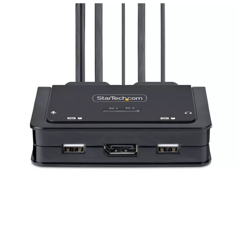 StarTech.com 2-porttinen USB-C kaapeli KVM-kytkin, 4K 60Hz DisplayPort-lähtö, kompakti KVM integroiduilla 1,2m USB Type-C/audio kaapeleilla, väylävirralla - kaukosäädinpainike/pikanäppäin-vaihto