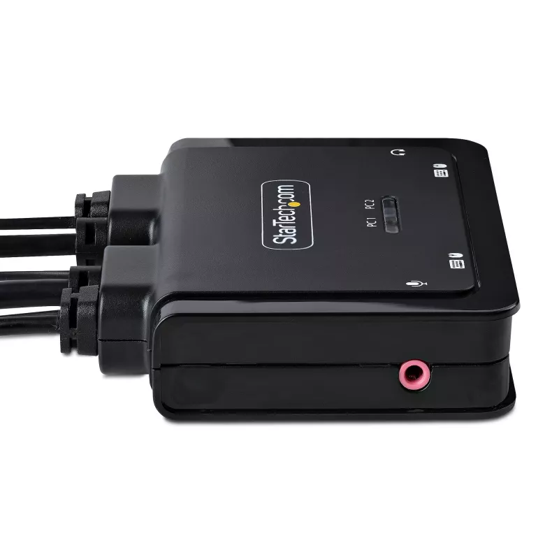 StarTech.com 2-porttinen USB-C kaapeli KVM-kytkin, 4K 60Hz DisplayPort-lähtö, kompakti KVM integroiduilla 1,2m USB Type-C/audio kaapeleilla, väylävirralla - kaukosäädinpainike/pikanäppäin-vaihto