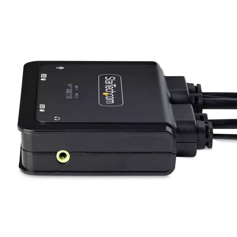 StarTech.com 2-porttinen USB-C kaapeli KVM-kytkin, 4K 60Hz DisplayPort-lähtö, kompakti KVM integroiduilla 1,2m USB Type-C/audio kaapeleilla, väylävirralla - kaukosäädinpainike/pikanäppäin-vaihto