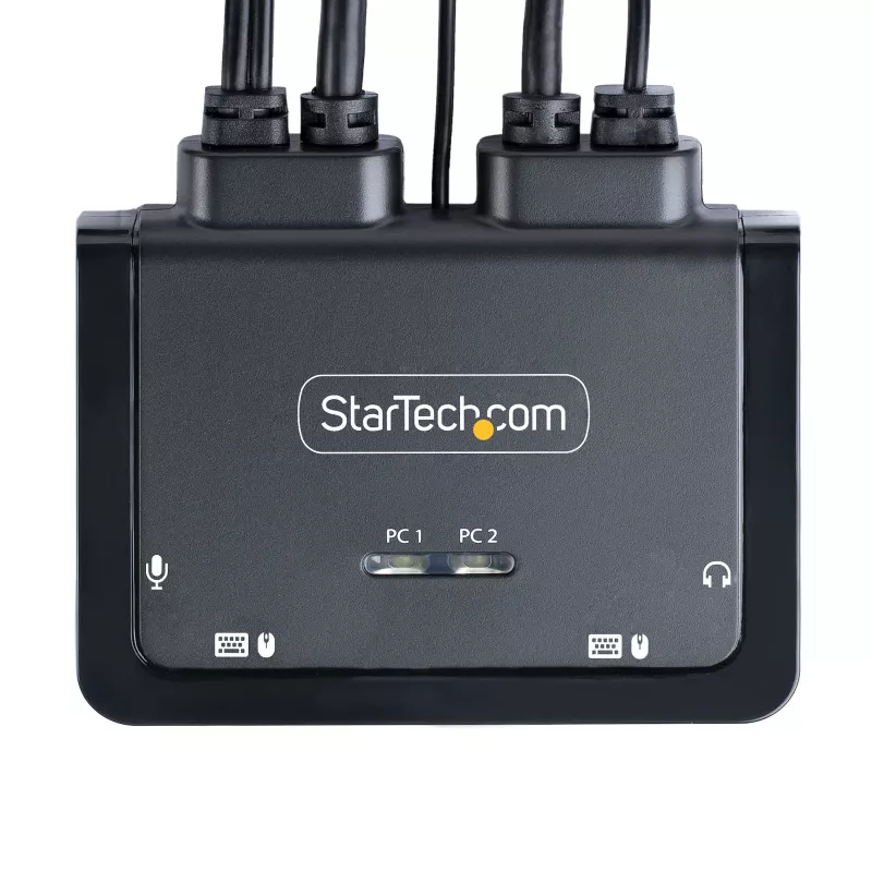 StarTech.com 2-porttinen USB-C kaapeli KVM-kytkin, 4K 60Hz DisplayPort-lähtö, kompakti KVM integroiduilla 1,2m USB Type-C/audio kaapeleilla, väylävirralla - kaukosäädinpainike/pikanäppäin-vaihto