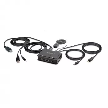 StarTech.com 2-porttinen hybridi USB-C HDMI -kaapeli KVM-kytkin, 4K 60Hz, kompakti KVM 6ft/1,8m USB-A/HDMI/audio & 4ft/1,2m USB-C integroiduilla isäntäkaapeleilla, väylävirralla - kaukosäädinpainike/pikanäppäin-vaihto