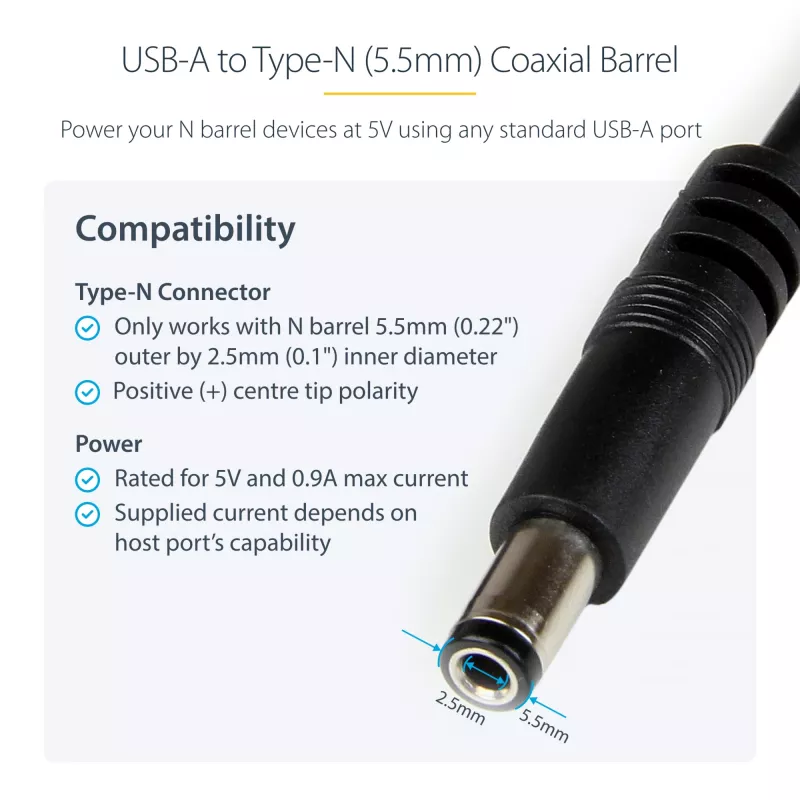 StarTech.com USB - 5,5 mm virtakaapeli – tyyppi N holkkipistoke – 1 m, 1 m, USB A, holkkipistoke tyyppi N