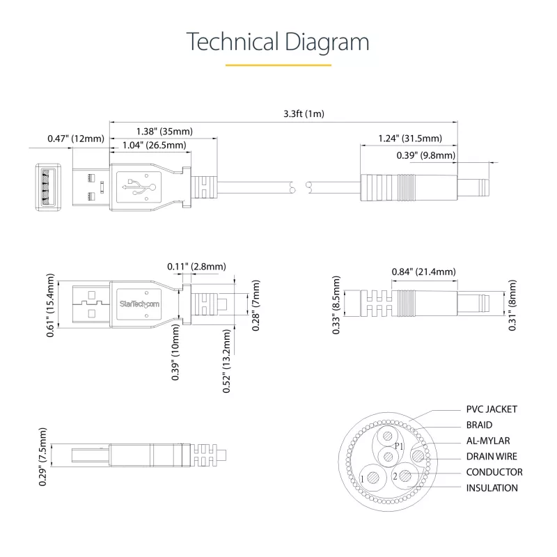 StarTech.com USB - 5,5 mm virtakaapeli – tyyppi N holkkipistoke – 1 m, 1 m, USB A, holkkipistoke tyyppi N