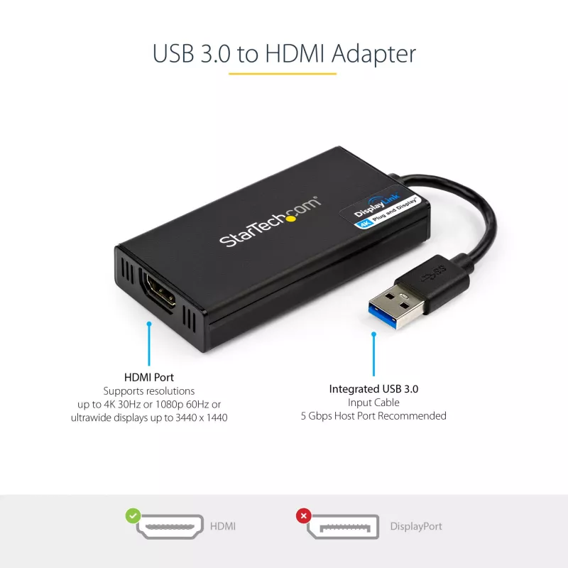 StarTech.com USB 3.0 - HDMI adapteri - 4K 30Hz Ultra HD - DisplayLink sertifioitu - USB Type-A - HDMI näyttöadapteri muunnin näytölle - ulkoinen video- & näytönohjain - Mac & Windows