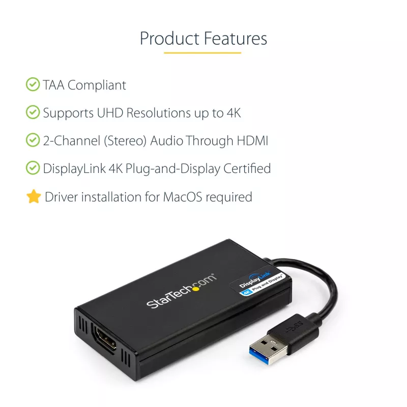 StarTech.com USB 3.0 - HDMI adapteri - 4K 30Hz Ultra HD - DisplayLink sertifioitu - USB Type-A - HDMI näyttöadapteri muunnin näytölle - ulkoinen video- & näytönohjain - Mac & Windows