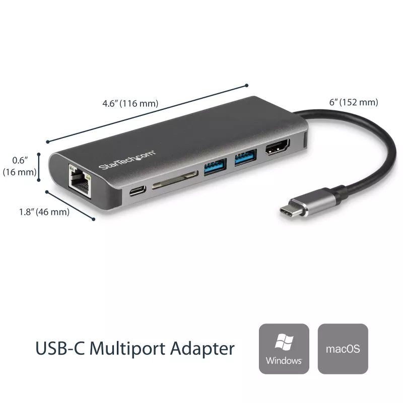 StarTech.com USB-C-moniporttiadapteri, kannettava USB-C-telakka 4K HDMI, 2x USB 3.0 -keskitin, SD/SDHC, GbE, 60W PD läpivienti – USB Type-C/Thunderbolt 3 – KORVATTU DKT30CHSDPD1:llä
