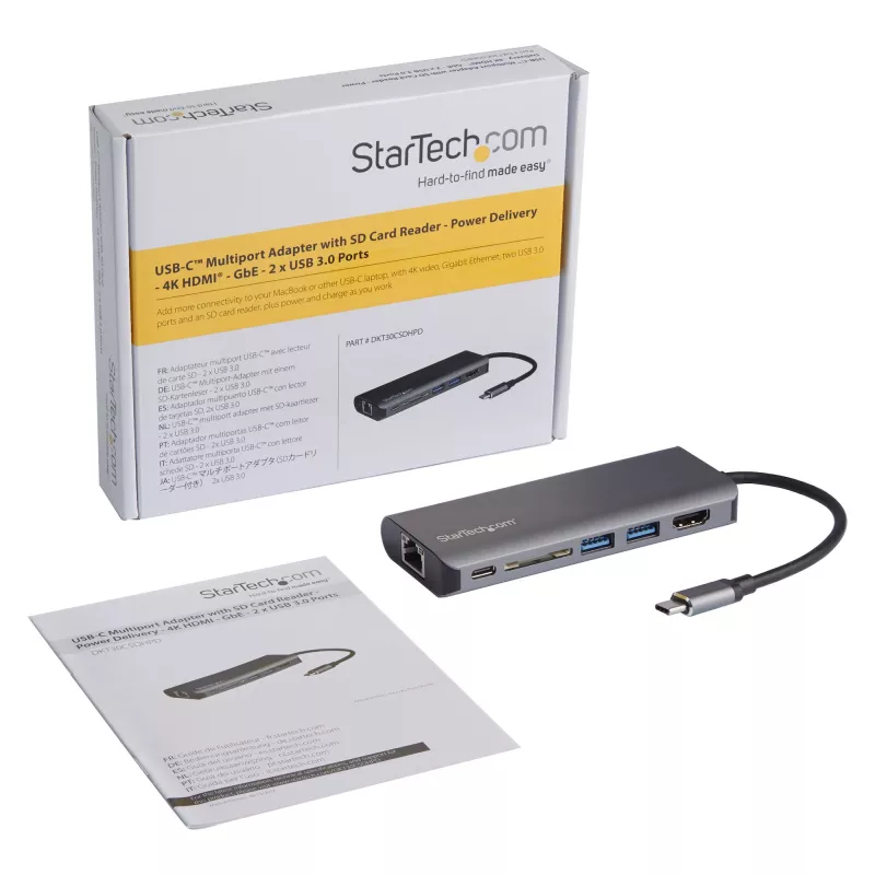StarTech.com USB-C-moniporttiadapteri, kannettava USB-C-telakka 4K HDMI, 2x USB 3.0 -keskitin, SD/SDHC, GbE, 60W PD läpivienti – USB Type-C/Thunderbolt 3 – KORVATTU DKT30CHSDPD1:llä
