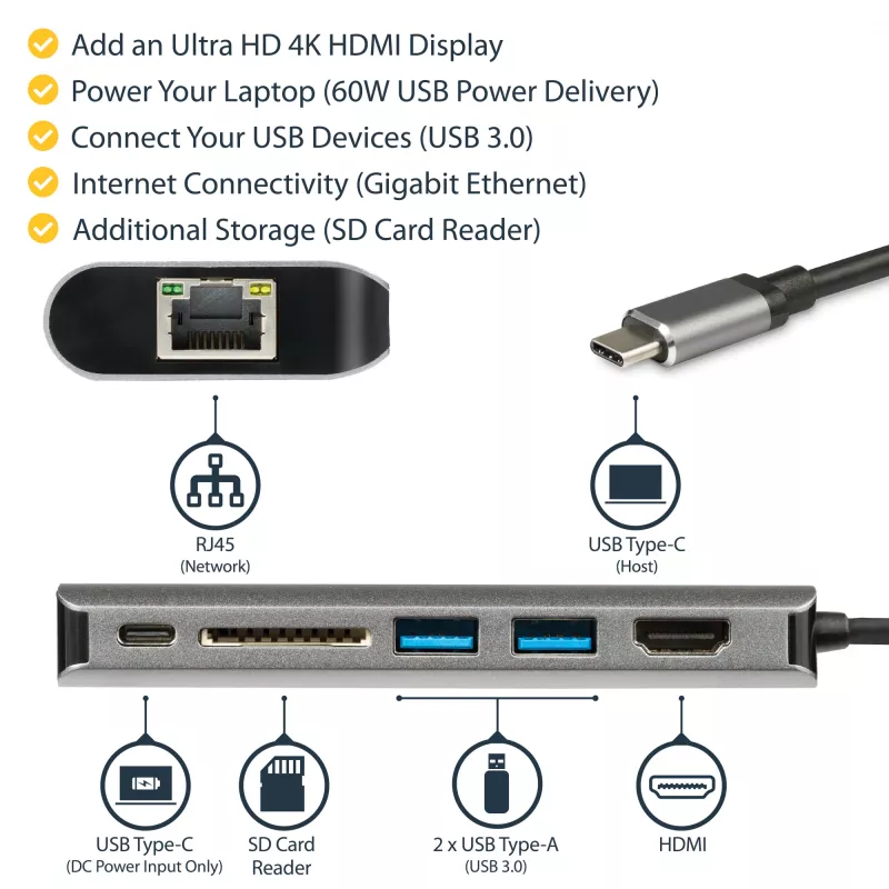 StarTech.com USB-C-moniporttiadapteri, kannettava USB-C-telakka 4K HDMI, 2x USB 3.0 -keskitin, SD/SDHC, GbE, 60W PD läpivienti – USB Type-C/Thunderbolt 3 – KORVATTU DKT30CHSDPD1:llä