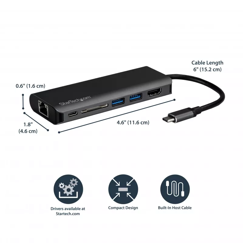 StarTech.com USB-C-moniporttiadapteri, kannettava USB-C-telakka 4K HDMI, 2x USB 3.0 -keskitin, SD/SDHC, GbE, 60W PD läpivienti – USB Type-C/Thunderbolt 3 – KORVATTU DKT30CHSDPD1:llä