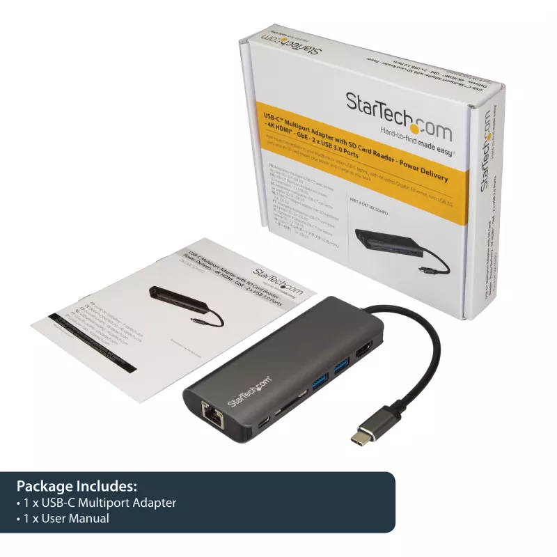StarTech.com USB-C-moniporttiadapteri, kannettava USB-C-telakka 4K HDMI, 2x USB 3.0 -keskitin, SD/SDHC, GbE, 60W PD läpivienti – USB Type-C/Thunderbolt 3 – KORVATTU DKT30CHSDPD1:llä