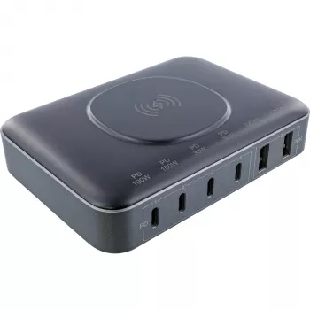InLine Qi Powerstation Multiport -laturi, 4x USB-C + 2x USB-A, GaN 100 W, 15 W langaton lataus, musta (31517K)