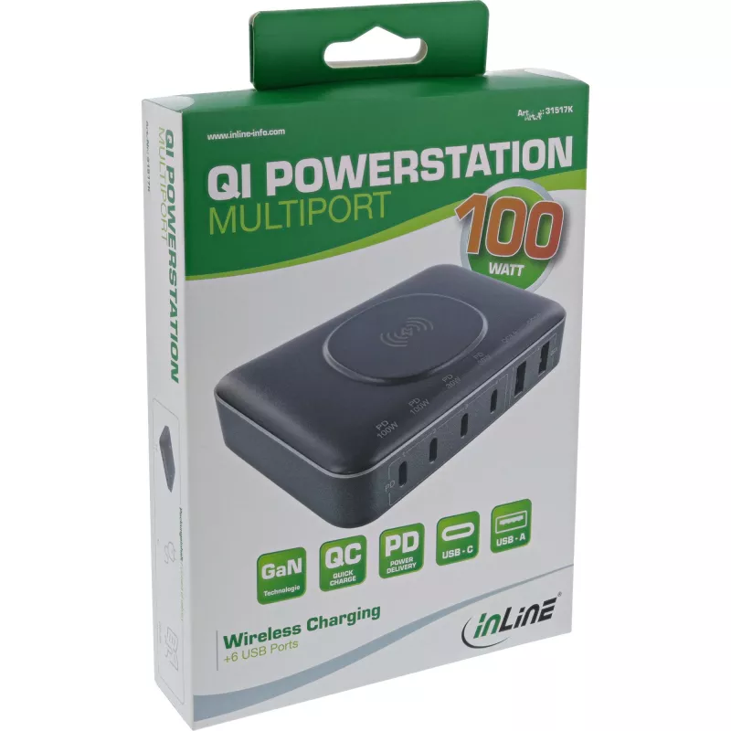 InLine Qi Powerstation Multiport -laturi, 4x USB-C + 2x USB-A, GaN 100 W, 15 W langaton lataus, musta (31517K)