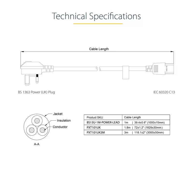 StarTech.com 10ft (3m) UK-tietokoneen virtakaapeli, 18AWG, BS 1363 - C13, 10A 250V, musta vara-AC-virtakaapeli, kylmälaitekaapeli / UK-virtakaapeli, PC-virtalähdekaapeli, TV-/näyttökaapeli