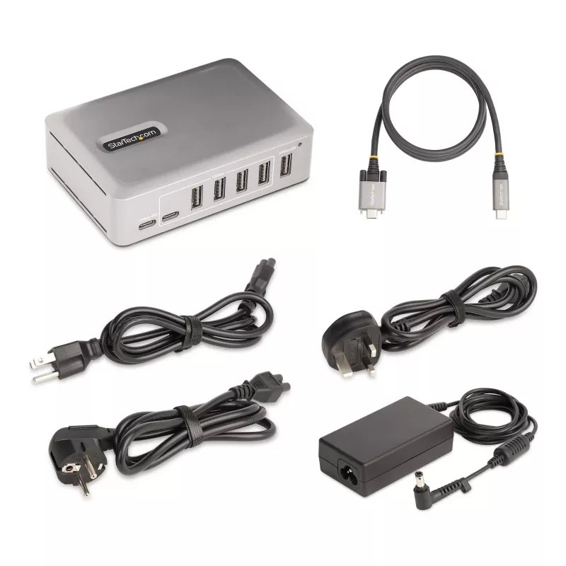 StarTech.com 7-porttinen USB-C-hubi - 5x USB-A + 2x USB-C - Oma virtalähde, 65W verkkolaite - USB 3.1 10Gbps - Pöytäkoneen/kannettavan USB-hubi, 3ft USB-IF-sertifioitu lukittuva kaapeli - USB C -hubi