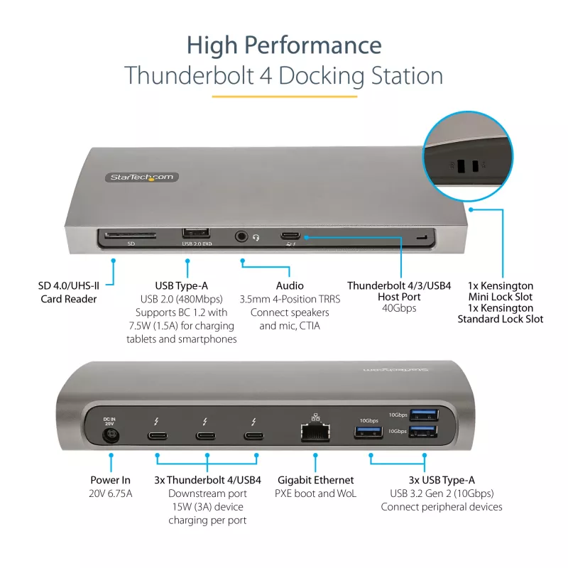 StarTech.com Thunderbolt 4 -telakka, 96W Power Delivery, yksittäinen 8K/dual-näyttö 4K 60Hz, 3xTB4/USB4-liitäntää, 4xUSB-A, SD, GbE, Thunderbolt 4 -telakointiasema Windowsille tai TB3 MacBookille, 0,8 m kaapeli
