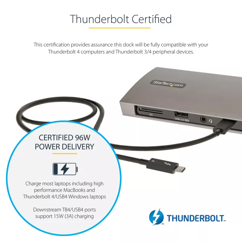 StarTech.com Thunderbolt 4 -telakka, 96W Power Delivery, yksittäinen 8K/dual-näyttö 4K 60Hz, 3xTB4/USB4-liitäntää, 4xUSB-A, SD, GbE, Thunderbolt 4 -telakointiasema Windowsille tai TB3 MacBookille, 0,8 m kaapeli