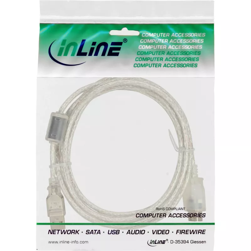 InLine USB 2.0 -jatkokaapeli Type-A M/F, läpinäkyvä, ferriitillä, 3 m
