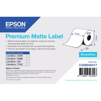 Epson Premium Matte Label - jatkuva rulla: 51 mm x 35 m, matta, 163 g/m², 1 kpl, 118 mm, 108 mm, 59 mm