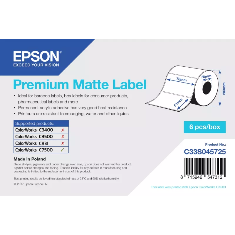 Epson Premium Matte Label - stanssattu rulla: 76 mm x 51 mm, 2310 tarraa