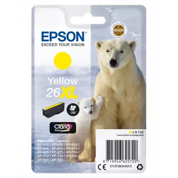 Epson Polar Bear yksittäispakkaus keltainen 26XL Claria Premium -muste, korkea (XL) kapasiteetti, keltainen, pigmenttipohjainen muste, 9,7 ml, 1 kpl, 700 sivua