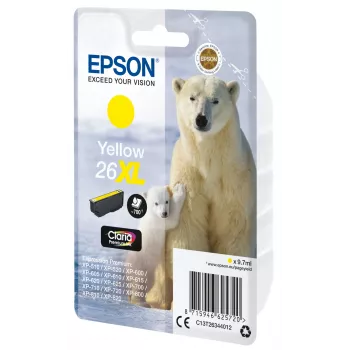 Epson Polar Bear yksittäispakkaus keltainen 26XL Claria Premium -muste, korkea (XL) kapasiteetti, keltainen, pigmenttipohjainen muste, 9,7 ml, 1 kpl, 700 sivua