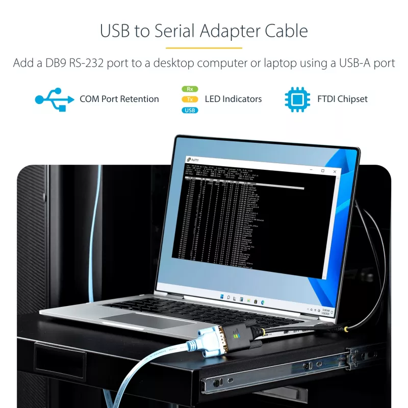StarTech.com 2 m USB-sarjaporttisovitinkaapeli, COM-säilytys, vaihdettavat ruuvit/mutterit, USB-A - DB9 RS232, FTDI IC, ESD-suoja, Windows/macOS/Linux