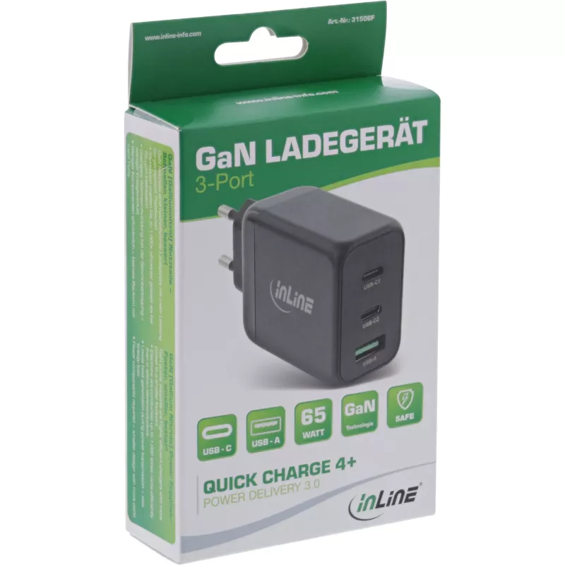 InLine USB PD virtalähde, GaN-laturi, 3 porttia, Dual USB-C + USB-A, 65W