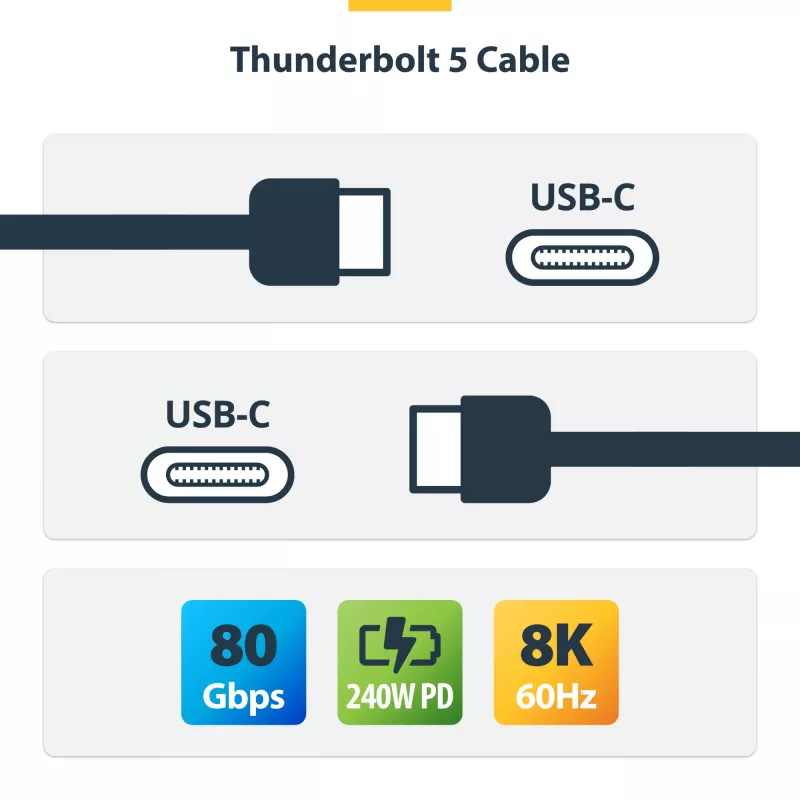 StarTech.com 1,5ft (50cm) Thunderbolt 5 -kaapeli, 80Gbit/s/120Gbit/s asti, 240W PD, 8K 60Hz, sertifioitu Thunderbolt-kaapeli - yhteensopiva Thunderbolt 4/USB4/USB-C kanssa