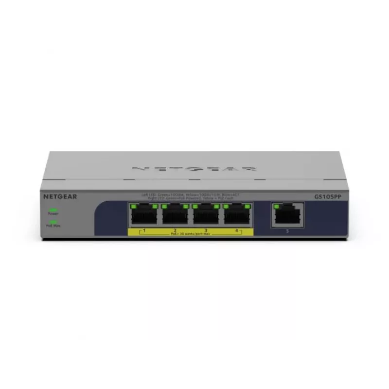 NETGEAR GS105PP hallitsematon Gigabit Ethernet (10/100/1000) Power over Ethernet (PoE) pöytä-/seinäasennus harmaa