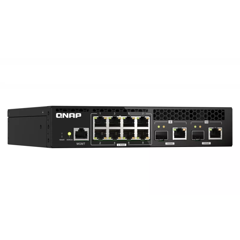 QNAP QSW-M2108R-2C hallittava L2-kytkin, 8 x 2,5GbE + 2 x 10GbE SFP+/RJ-45 -yhdistelmäporttia, puolileveä, telineeseen asennettava