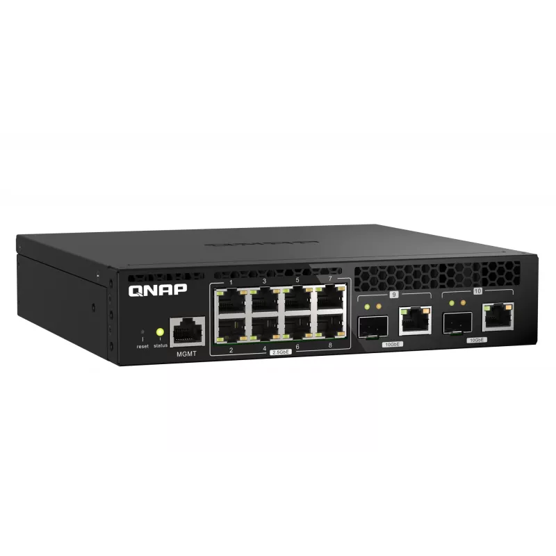 QNAP QSW-M2108R-2C hallittava L2-kytkin, 8 x 2,5GbE + 2 x 10GbE SFP+/RJ-45 -yhdistelmäporttia, puolileveä, telineeseen asennettava