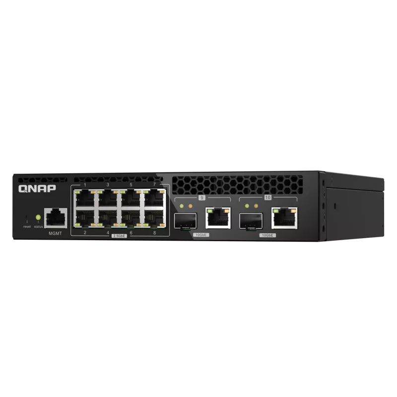 QNAP QSW-M2108R-2C hallittava L2-kytkin, 8 x 2,5GbE + 2 x 10GbE SFP+/RJ-45 -yhdistelmäporttia, puolileveä, telineeseen asennettava