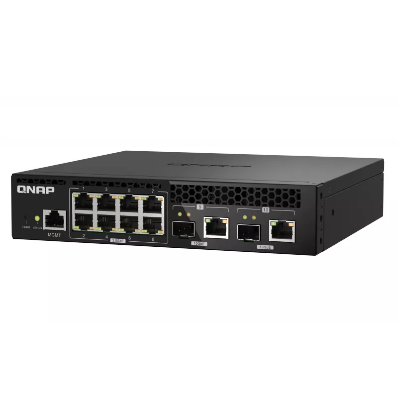 QNAP QSW-M2108R-2C hallittava L2-kytkin, 8 x 2,5GbE + 2 x 10GbE SFP+/RJ-45 -yhdistelmäporttia, puolileveä, telineeseen asennettava