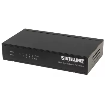 Intellinet 5-porttinen Gigabit Ethernet PoE+ -kytkin, 4 x PSE-porttia, IEEE 802.3at/af Power over Ethernet (PoE+/PoE) -yhteensopiva, 60 W, pöytämalli