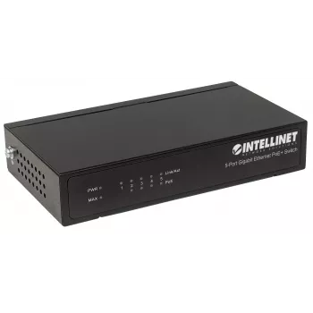 Intellinet 5-porttinen Gigabit Ethernet PoE+ -kytkin, 4 x PSE-porttia, IEEE 802.3at/af Power over Ethernet (PoE+/PoE) -yhteensopiva, 60 W, pöytämalli