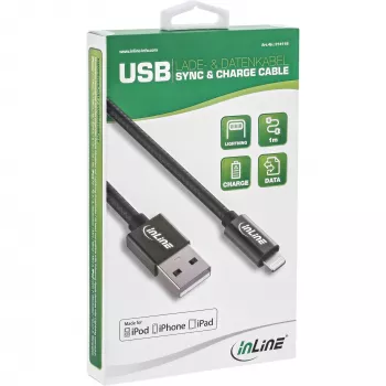 InLine Lightning USB-kaapeli, iPad, iPhone, iPod, musta/alumiini, 2 m MFi-sertifioitu