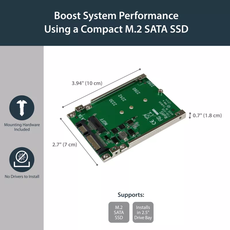 StarTech.com M.2 SATA SSD 2,5 tuuman SATA-adapteriin - M.2 NGFF SATA-muuntimeen - 7mm - Open-Frame-teline - M2-kiintolevyadapteri