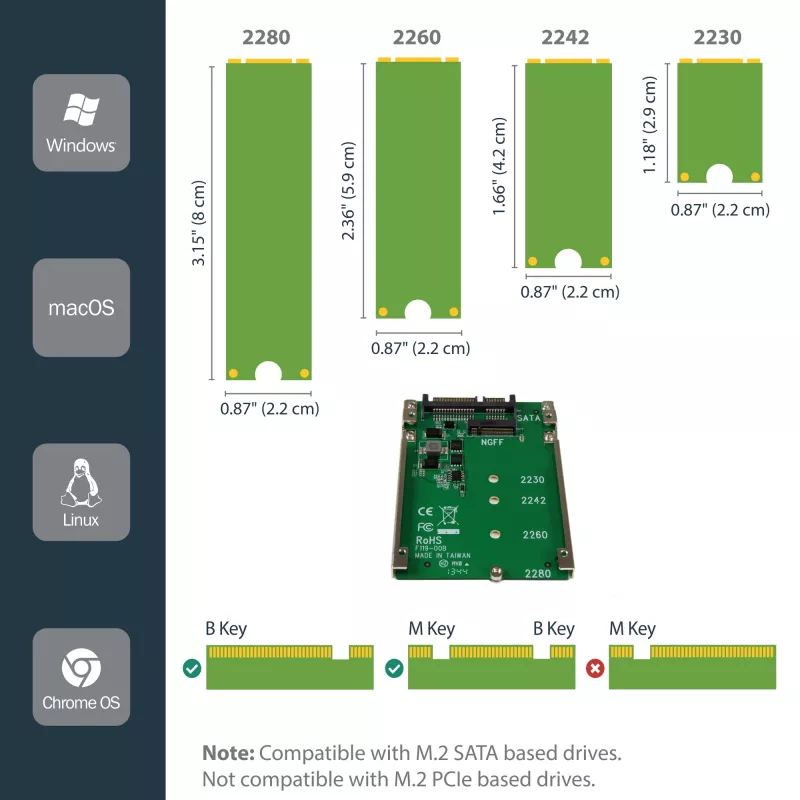 StarTech.com M.2 SATA SSD 2,5 tuuman SATA-adapteriin - M.2 NGFF SATA-muuntimeen - 7mm - Open-Frame-teline - M2-kiintolevyadapteri