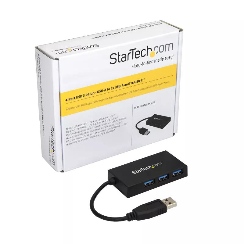 StarTech.com 4 portin USB 3.0 -keskitin - USB Type-A -keskitin 1x USB-C & 3x USB-A -liitännöillä (SuperSpeed 5 Gbit/s) - USB-väylävirta - USB 3.1 Gen 1 -adapterikeskitin - kannettava kannettavan tietokoneen USB-keskitin