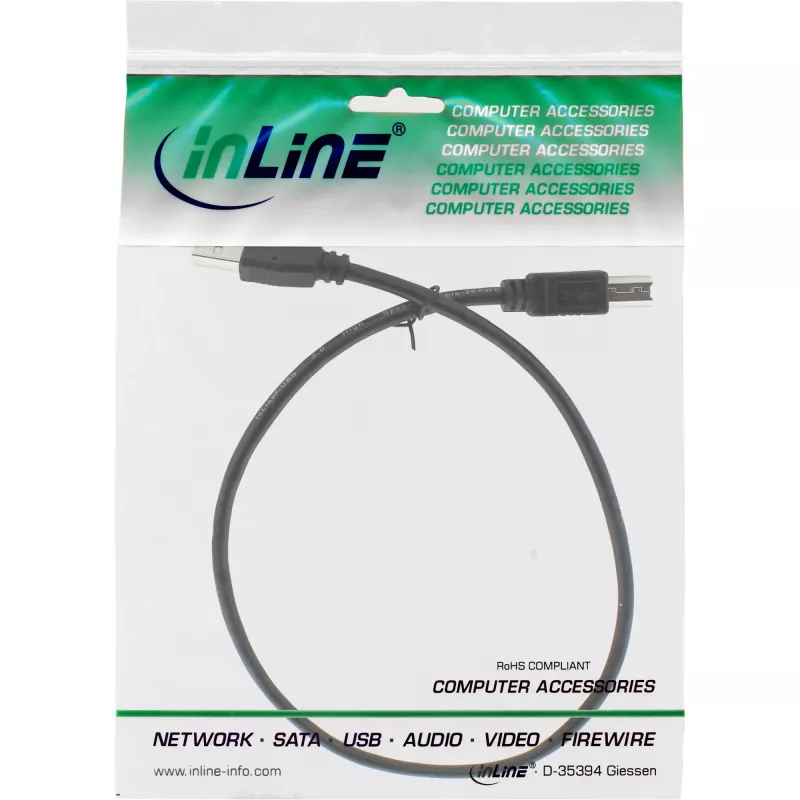 USB 2.0 -kaapeli Type-A uros / B uros musta 0,5 m InLine 34550X
