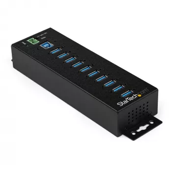 StarTech.com 10 portin USB 3.0 -keskitin virtalähteellä - teollinen metallinen USB-A-keskitin ESD- ja 350 W ylijännitesuojalla – DIN-kisko-/seinä-/pöytäasennus – High-Speed USB 3.2 Gen 1 (5 Gbit/s) -keskitin