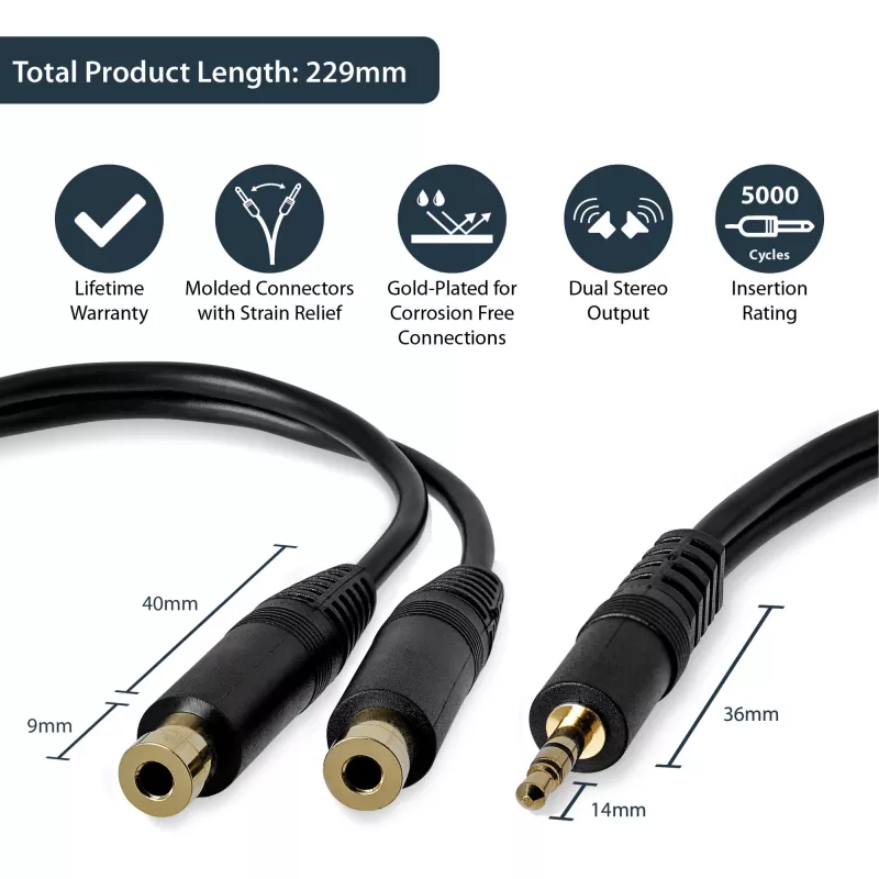 StarTech.com 15 cm stereo-haaroituskaapeli – 3,5 mm pistoke 2x 3,5 mm liitäntä