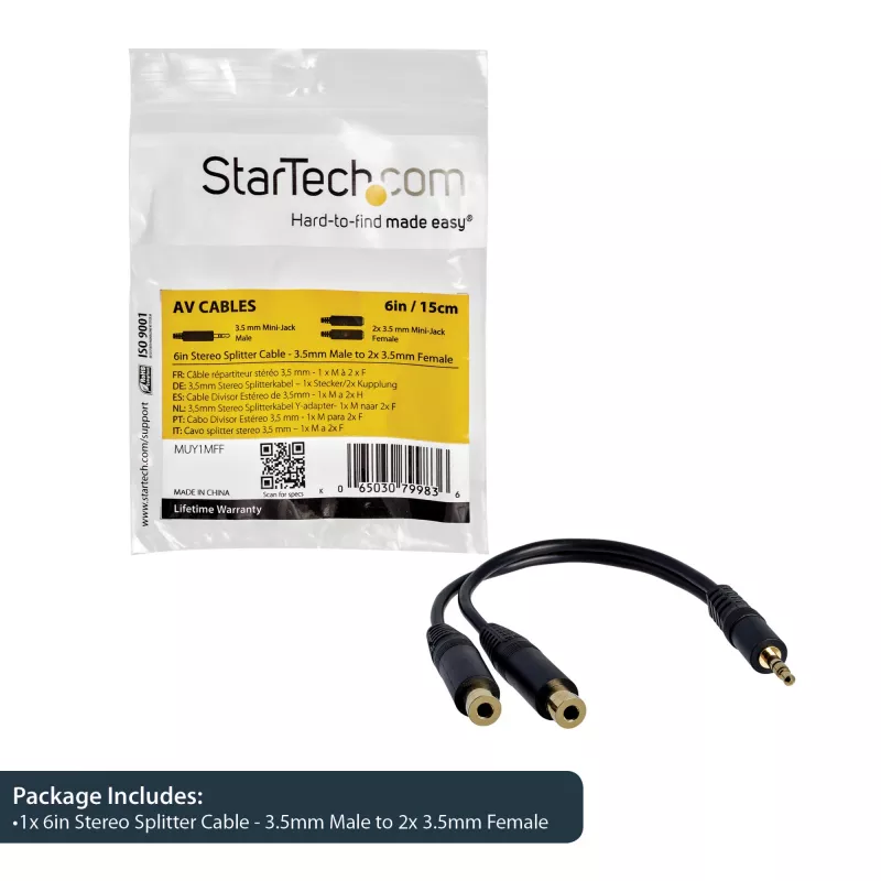 StarTech.com 15 cm stereo-haaroituskaapeli – 3,5 mm pistoke 2x 3,5 mm liitäntä