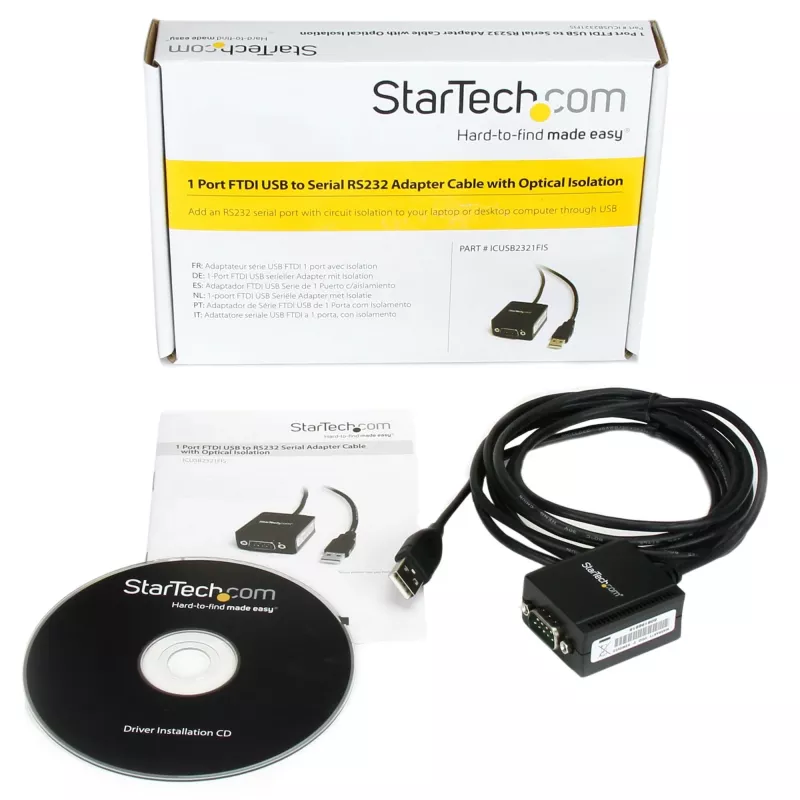 StarTech.com ICUSB2321FIS 1-porttinen FTDI USB–RS232 DB9 -sarjasovitinkaapeli, optisesti eristetty, 2,5 m, musta
