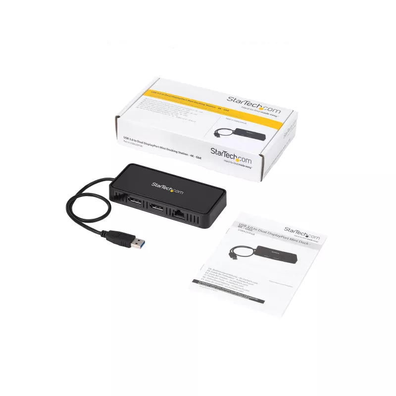 StarTech.com USB 3.0 Mini-Dock – kahden näytön USB-A-telakointiasema DisplayPort 4K 60Hz -videolla ja Gigabit Ethernetillä – 30 cm kaapeli – kannettava USB 3.1 Gen 1 Type-A -kannettavasovitin